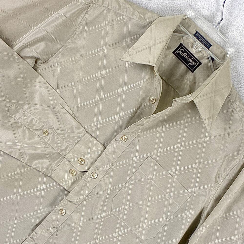VTG 70s Saturdays Shirt Mens M Beige Geometric Embossed Classic Retro Disco